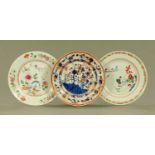 Three late 18th/early 19th century Chinese plates, one Imari and two decorated with chrysanthemum,