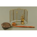 A companion set, toasting fork, warming pan, mesh spark guard and chestnut roaster.