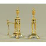 A pair of 19th century brass fire dogs, with cluster columns with spreading feet.