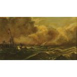 Oil painting on board stormy coastal scene off a pier. 16 cm x 28 cm, framed.