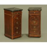 A pair of George III style mahogany marble topped bedside cabinets,