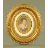 An oval watercolour miniature, late 19th century, lady with string of pearls, image size 9.
