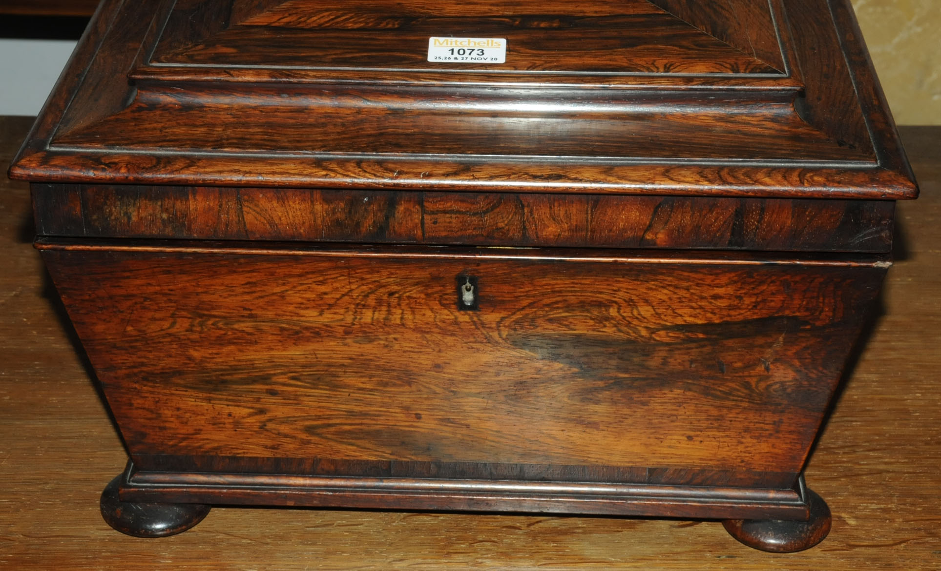 A Regency rosewood table box, with bronze handles, sarcophagus form with interior fitted for sewing. - Image 3 of 10