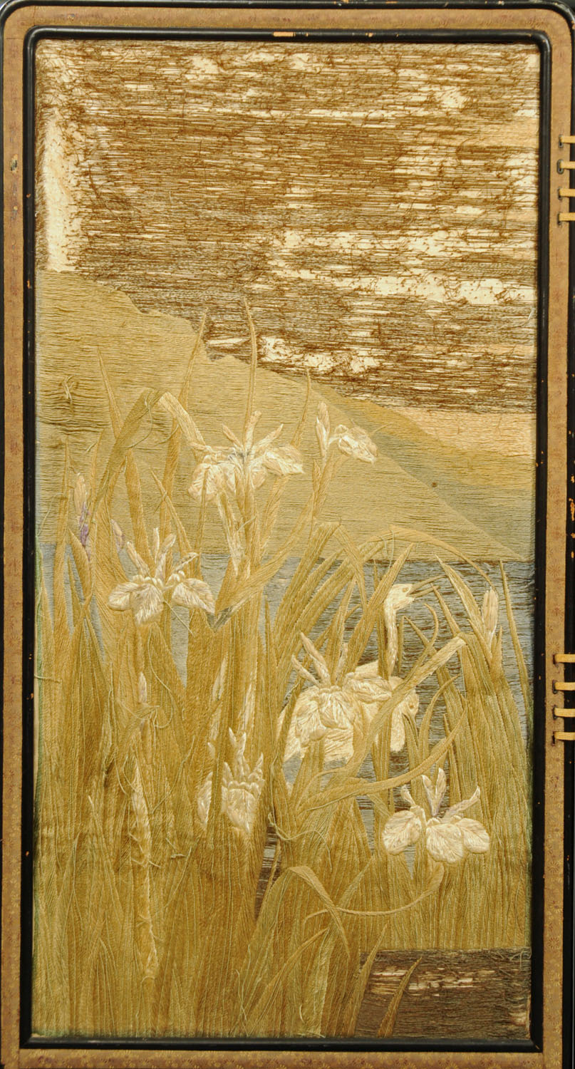 A 19th century Japanese Meiji period fourfold lacquered screen with handworked textile panels. - Image 2 of 5