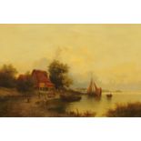 Theodore Baron (1840-1899 Belgian), oil on canvas, Dutch coastal scene with figures, vessels,