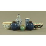 A Chinese blue and white bowl, a lidded vase, a green glazed small pot, spill vase,