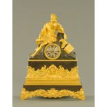 A 19th century French bronze and gilt metal figural mantle clock, with scholar mount,