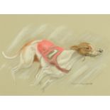 Elizabeth Howie McCrindle, a pastel of a racing greyhound. 36 cm x 47 cm, framed, signed.