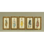 A set of five paintings on glass female figures, each 18 cm x 9 cm in gilt frame.