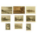 A collection of etchings on engravings, including "Lumber Boats Stockholm",