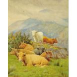 W. Sidney Cooper, watercolour, Highland cattle in landscape.
