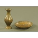An Indian copper temple hand wash bowl and vase, bowl diameter 20 cm.