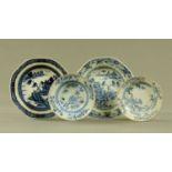 Two 19th century blue and white plates, and two smaller blue and white plates.