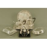 A collection of silver plated wares, to include 4 piece plated tea service, tray, 2 entree dishes,