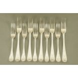 A set of five George III Irish bright cut silver forks by J Brady Dublin 1798,