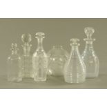 A 19th century fern etched glass lamp shade, and 5 decanters various. Tallest 30 cm.