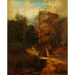 A 19th century Norwich school, oil on board "Woodland Stream and Bridge". 65 cm x 53 cm.