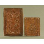 Two 17th century carved oak panels, the larger foliate carved 45 cm x 32 cm,