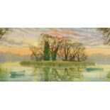 D Haddow watercolour "Lake and Island", 40 cm x 79 cm, framed.