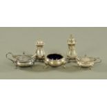 Five silver condiments, two pepperettes, two mustard pots each with liner and circular salt,