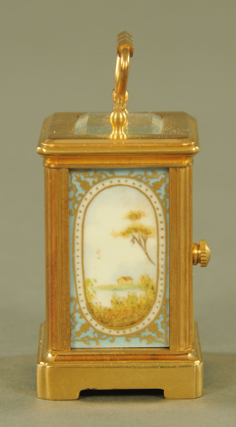 A miniature brass carriage clock, with porcelain panels, timepiece only. - Image 4 of 6
