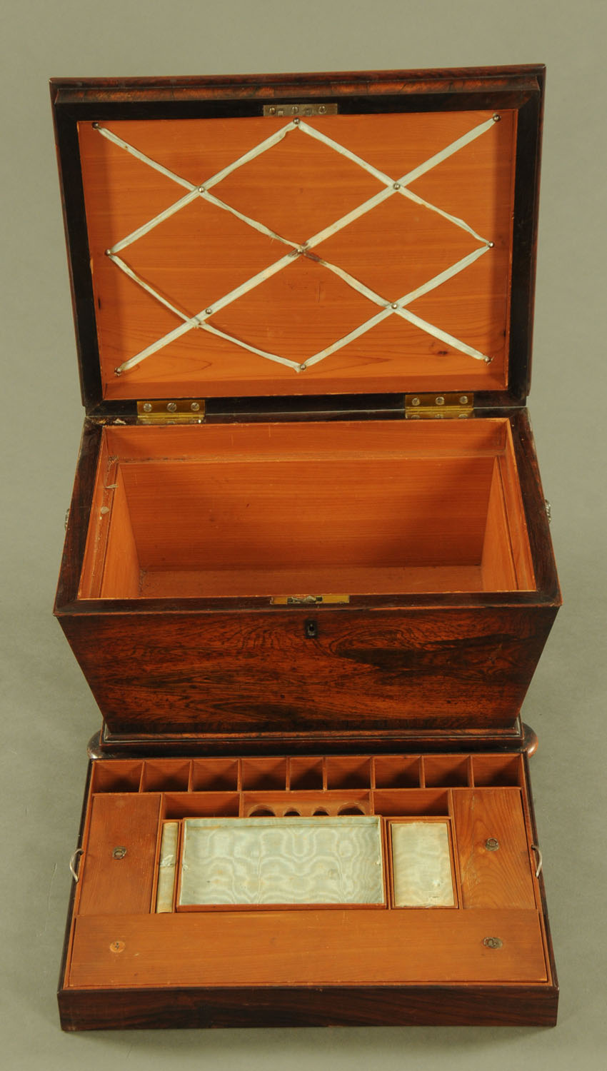 A Regency rosewood table box, with bronze handles, sarcophagus form with interior fitted for sewing. - Image 2 of 10