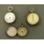 A silver cased pocket watch, together with a stopwatch and compass.