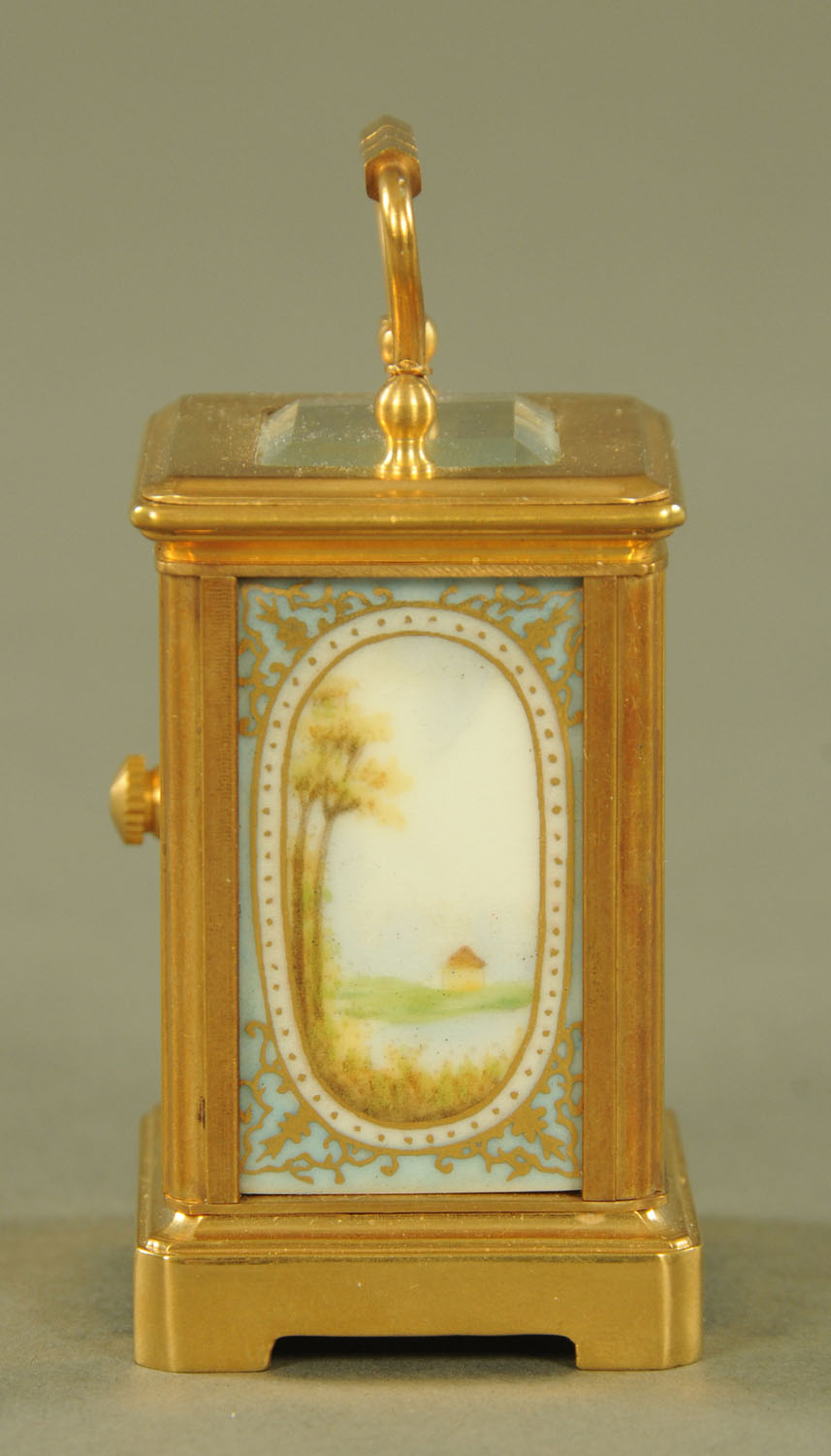 A miniature brass carriage clock, with porcelain panels, timepiece only. - Image 2 of 6