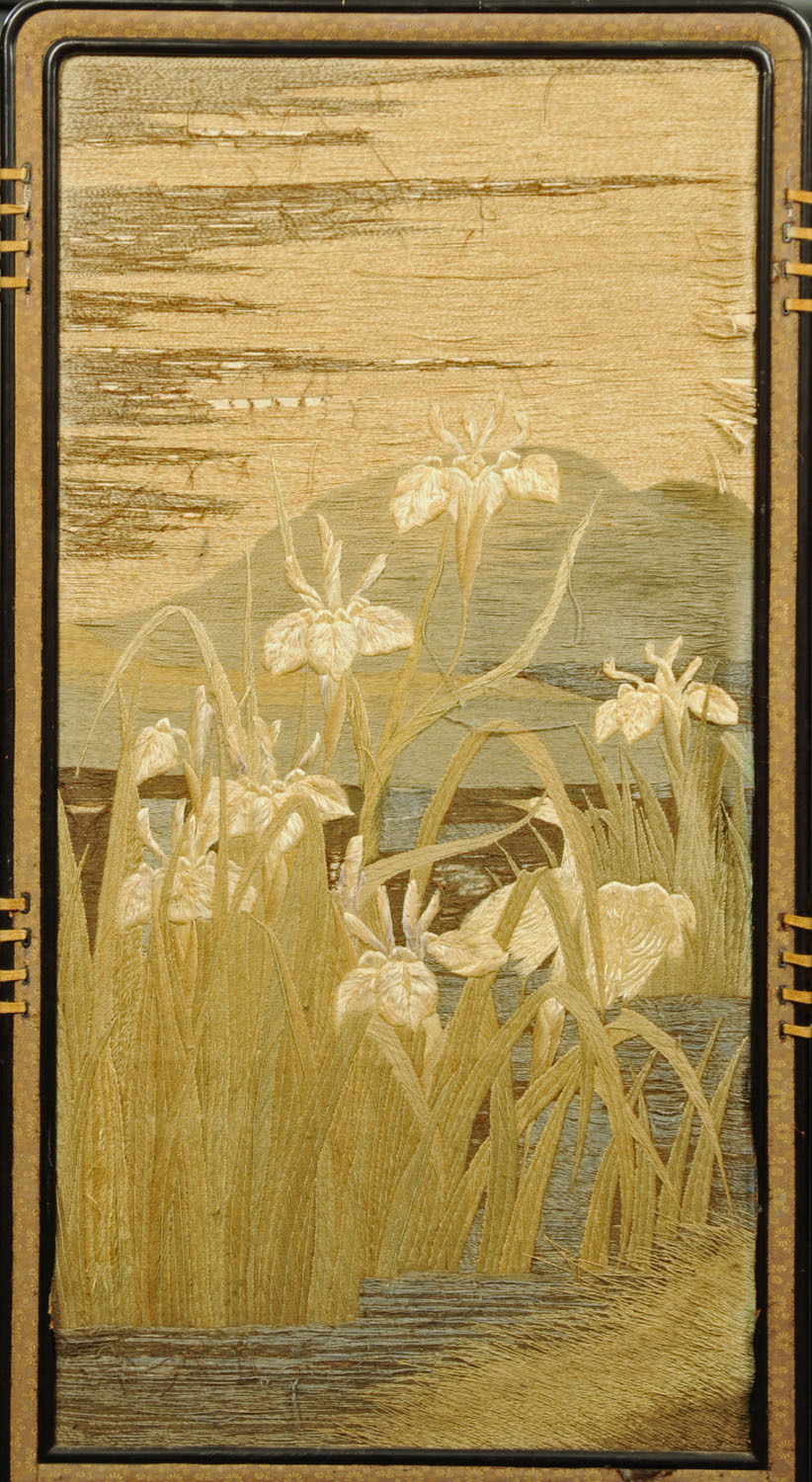 A 19th century Japanese Meiji period fourfold lacquered screen with handworked textile panels. - Image 3 of 5