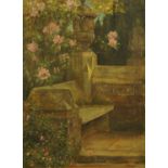 W M Fraser, oil on canvas, garden terrace and rhododendron scene. 49 cm x 36 cm, framed, signed.