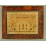 A 19th century sampler, Mary Ann Croft 1833, house, figures, trees and animals.