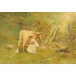 John Parker RWS, watercolour, "Milking Time". 26 cm x 39 cm, framed, signed and dated 1900.