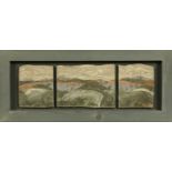 A ceramic landscape triptych, in grey painted frame. Overall dimensions 28 cm x 67 cm.