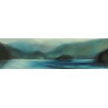 Jonathan Shearer, oil on canvas, "On Derwentwater, price verso £1100. 30 cm x 102 cm.