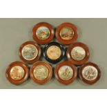 A collection of nine 19th century pot lids, each mounted and including "Peace", "The Enthusiast",