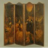 A Victorian painted screen, four fold,