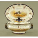 A 19th century royal Worcester vitreous grouse and plover patterned tureen lid and stand,