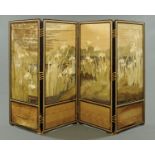 A 19th century Japanese Meiji period fourfold lacquered screen with handworked textile panels.