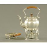 A Victorian silver plated spirit kettle on stand with burner together with a butter dish.