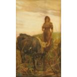 Stanley Berkley, a watercolour cattle and female figure by river. 71 cm x 43,5 cm.