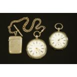A Masters of Rye silver cased pocket watch, with Albert chain and plated Vesta case,