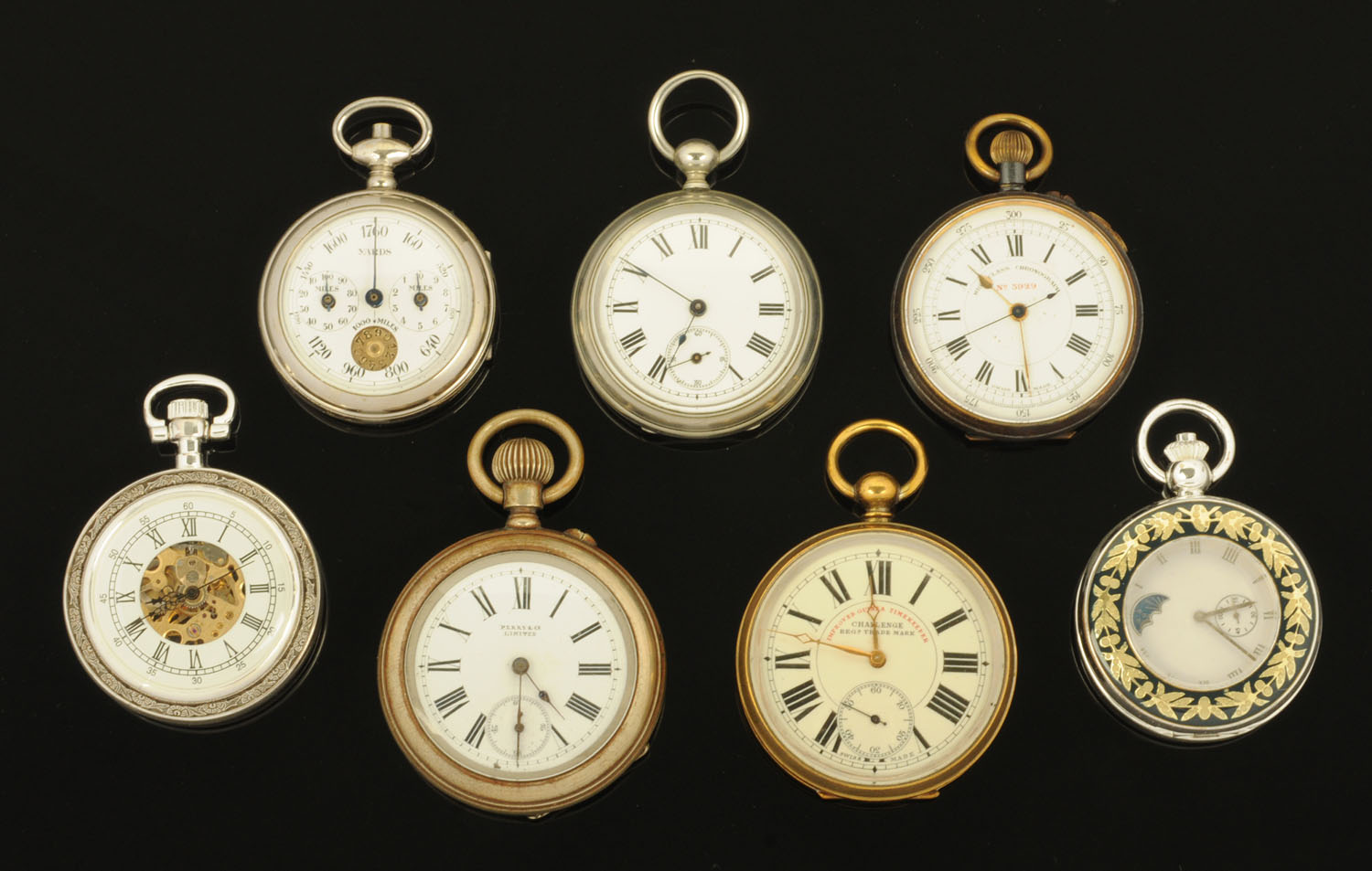 A collection of seven miscellaneous pocket watches, including "Improved Guinea Timekeeper",