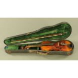 A 19th century violin, with one piece back. Length 14 1/4", no interior label, case and with bow.