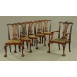 A set of one carver arm and five single Chippendale style mahogany dining chairs, Edwardian,