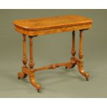 A Victorian burr walnut marquetry turn over top card table,
