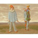 Claude Harrison (1922-2009), oil painting on board, two clown figures.