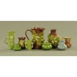 A collection of nine pieces of Rye pottery, the four green pieces and small blue jug marked Rye,