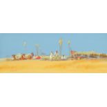 An Eastern watercolour, of a Bedouin camp. 16.5 cm x 43 cm, framed.