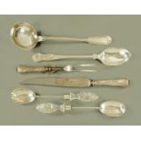 A pair of Edwardian silver salad servers, London 1906, with glass handles,