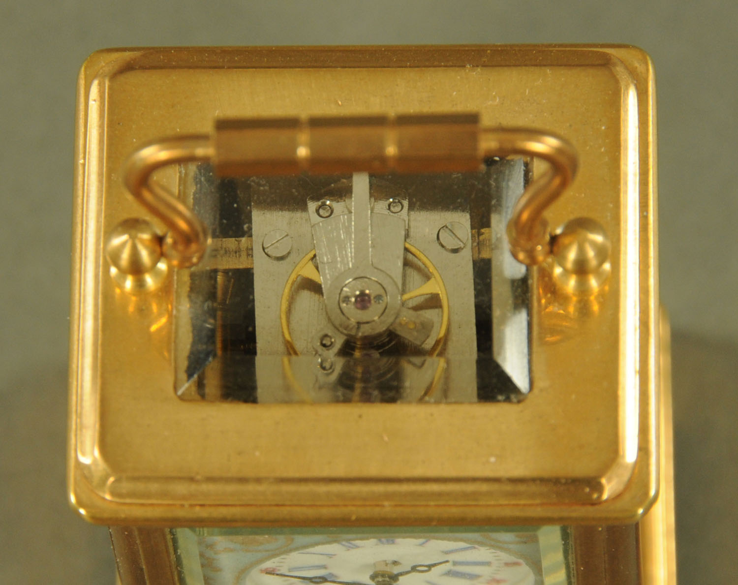 A miniature brass carriage clock, with porcelain panels, timepiece only. - Image 5 of 6